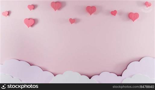 Light pink background with paper clouds and pink hearts. Valentine’s Day and baby birth background concept. Kids Birthday background. Mother day background. Mockup, template