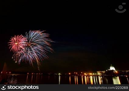 Light reflections fireworks over Wascana Lake