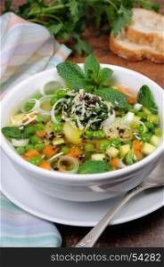 Light, refreshing soup of carrots, zucchini, potatoes, leeks, peas, pesto, parmesan and mint leaves.