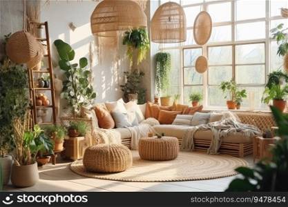 Light room interior in boho style. Neutral bohemian decor in living room, wicker l&s, soft furniture, green plants and candles. Modern boho. Generative AI