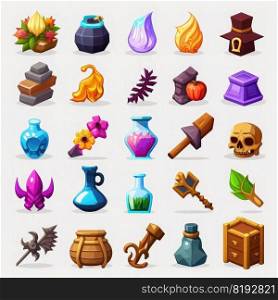 light rpg 2d game icons ai generated. item fire, coin money, crystal medieval light rpg 2d game icons illustration. light rpg 2d game icons ai generated
