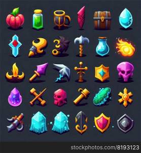 light rpg 2d game icons ai generated. item fire, coin money, crystal medieval light rpg 2d game icons illustration. light rpg 2d game icons ai generated