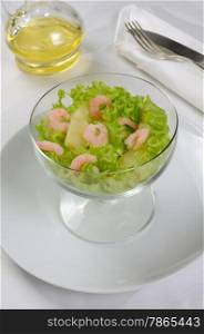 Light salad of lettuce with pineapple and shrimp