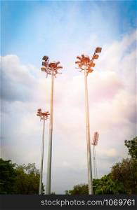 Light stadium or Sports lighting tower electric pole lamp post and blue sky