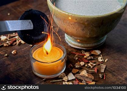 light the coal for incense, herbs, resins and other organic materials