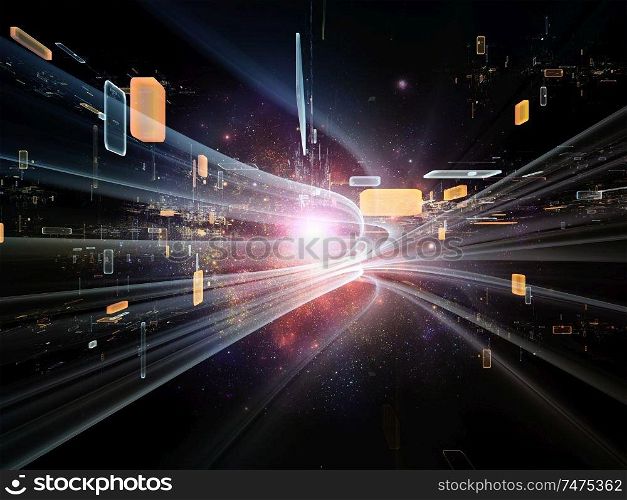 Light trails and three dimensional geometry structure in space perspective. Illustration on the subject of technology, science, education and research.