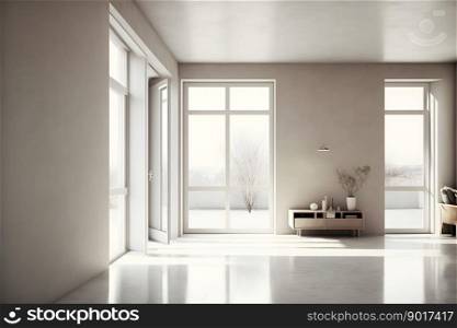 Light white room with big window absolutely empty without furniture. Neural network AI generated art. Light white room with big window absolutely empty without furniture. Neural network generated art