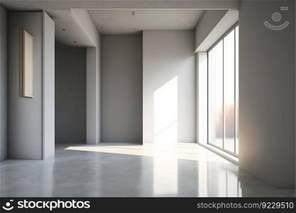 Light white room with big window absolutely empty without furniture. Neural network AI generated art. Light white room with big window absolutely empty without furniture. Neural network generated art