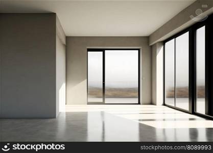 Light white room with big window absolutely empty without furniture. Neural≠twork AI≥≠rated art. Light white room with big window absolutely empty without furniture. Neural≠twork≥≠rated art