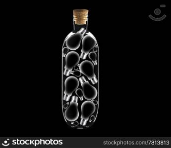 lightbulb inside Glass bottle on black background.. Glass bottle