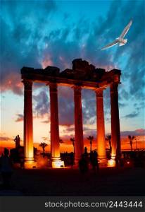 Lighted columns of the Temple of Apollo and a seagull in Side at sunset. Silhouettes of people. Architectural heritage. A popular tourist destination. One of the main attractions of Turkey. Lighted columns of the Temple of Apollo and a seagull in Side at sunset