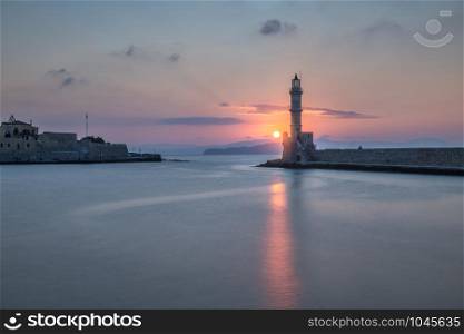 Lighthouse and Old Venetian Port in Chania at Sunset, Crete, Greece