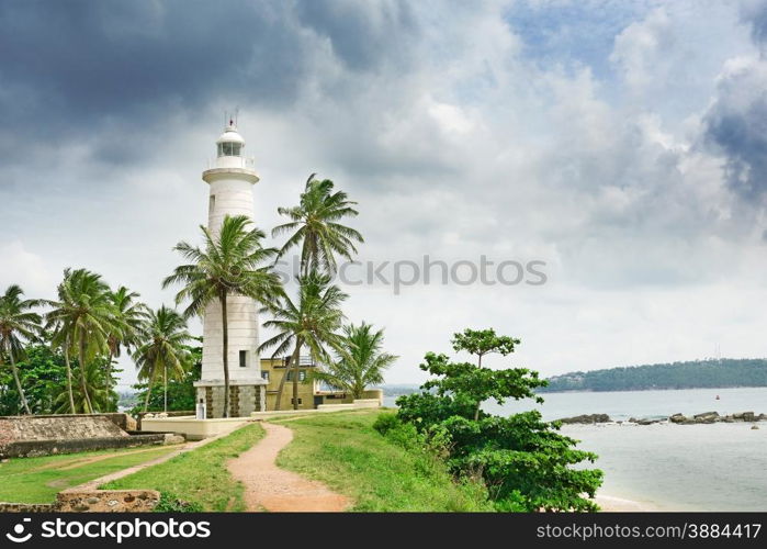 Lighthouse and palm trees on background sky.