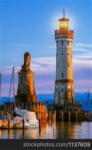 Lighthouse in harbour entrance of Lindau. Bavaria, Germany. Lighthouse in Lindau
