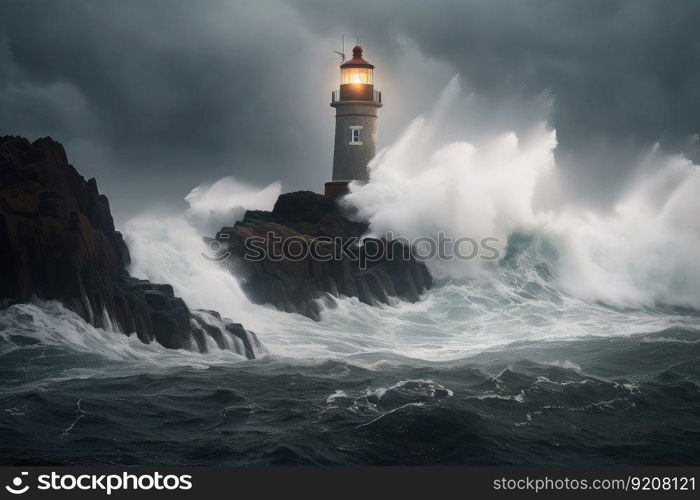 lighthouse in storm, with waves crashing against the rocks and lightning flashing in the sky, created with generative ai. lighthouse in storm, with waves crashing against the rocks and lightning flashing in the sky