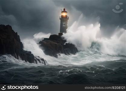 lighthouse in storm, with waves crashing against the rocks and lightning flashing in the sky, created with generative ai. lighthouse in storm, with waves crashing against the rocks and lightning flashing in the sky