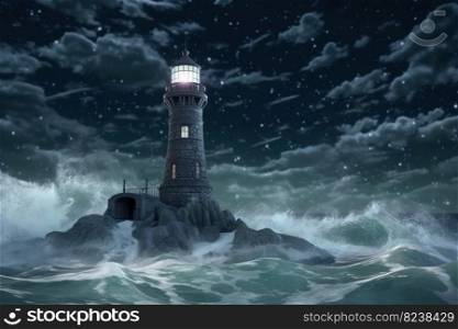 Lighthouse in stormy sea at Night with Generative AI Technology