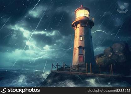Lighthouse in stormy sea at Night with Generative AI Technology