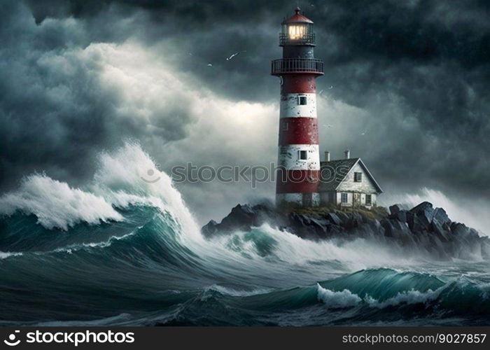 Lighthouse in the sea storm with big waves. Generative AI. High quality illustration. Lighthouse in the sea storm with big waves. Generative AI