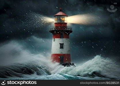 Lighthouse in the sea storm with big waves. Generative AI. High quality illustration. Lighthouse in the sea storm with big waves. Generative AI