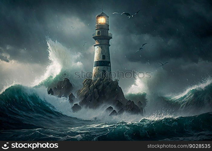 Lighthouse in the sea storm with big waves. Generative AI. High quality illustration. Lighthouse in the sea storm with big waves. Generative AI