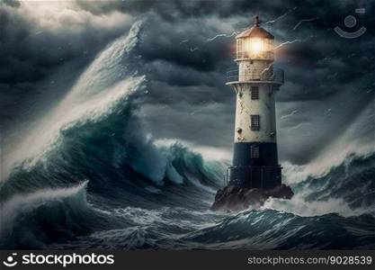 Lighthouse in the sea storm with big waves. Generative AI. High quality illustration. Lighthouse in the sea storm with big waves. Generative AI