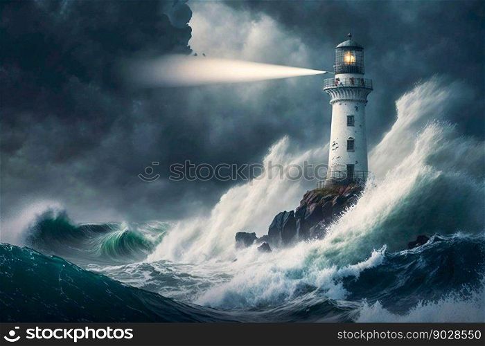 Lighthouse in the sea storm with big waves. Generative AI. High quality illustration. Lighthouse in the sea storm with big waves. Generative AI