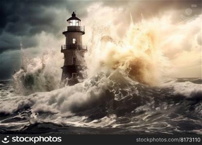 Lighthouse massive storm splash. Sea wave. Generate Ai. Lighthouse massive storm splash. Generate Ai