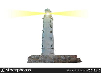 Lighthouse on island with dual searchlight beam. Lighthouse on island with dual searchlight beam through air isolated on white background