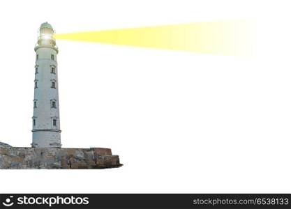 Lighthouse on island with searchlight beam. Lighthouse on island with searchlight beam through air isolated on white background