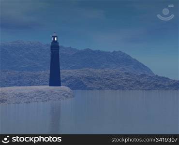 Lighthouse on rocky cape at night. 3d illustration