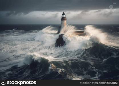lighthouse, surrounded by stormy sea, with waves crashing against the shore, created with generative ai. lighthouse, surrounded by stormy sea, with waves crashing against the shore