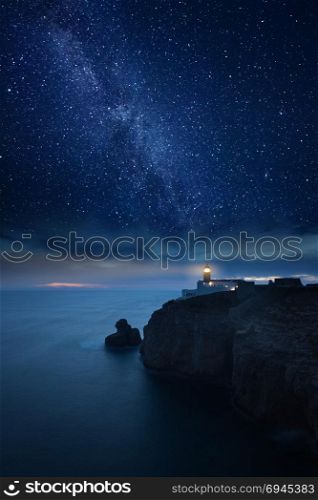 Lighthouse under starry night. Cape St. Vincent Lighthouse, Sagres, Algarve, Portugal.