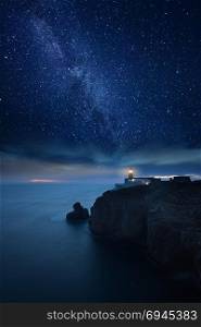 Lighthouse under starry night. Cape St. Vincent Lighthouse, Sagres, Algarve, Portugal.