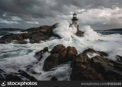 lighthouse with stormy skies and waves crashing against the rocks, created with generative ai. lighthouse with stormy skies and waves crashing against the rocks