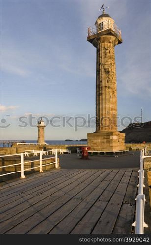 Lighthouses on the pier at Whitby on the North Yorkshire coast in northern England.