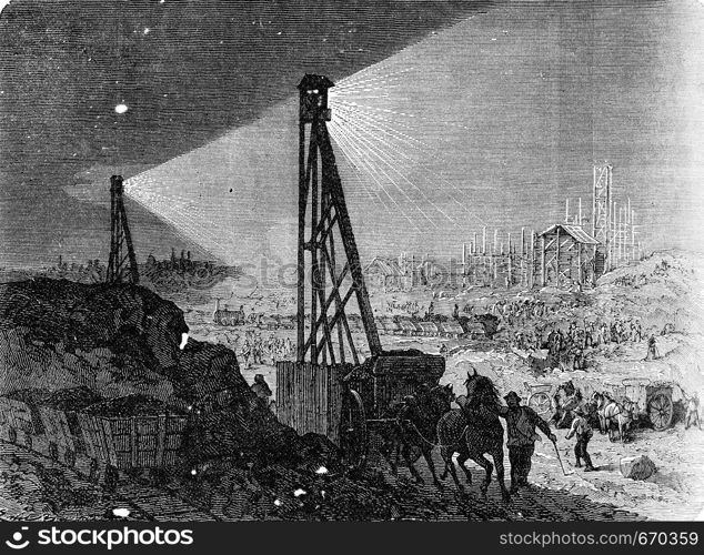 Lighting a building site at the electric light, vintage engraved illustration. Industrial encyclopedia E.-O. Lami - 1875.