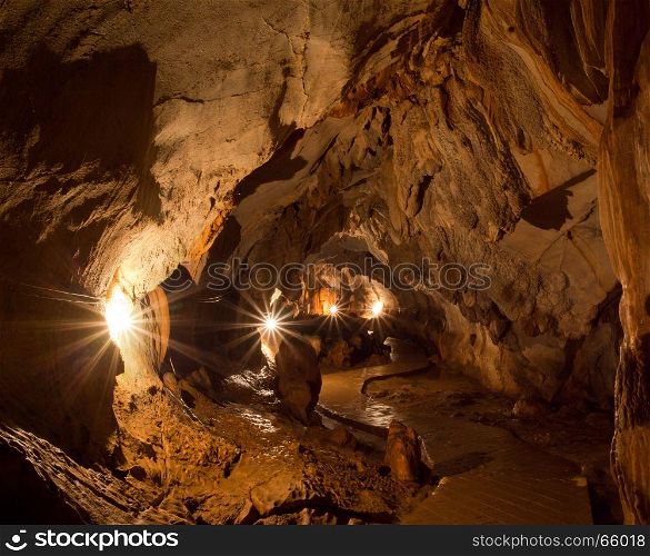 Lighting and walkway in cave of Laos