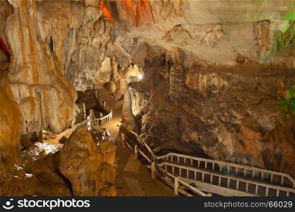 Lighting and walkway in cave of Laos