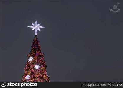 Lighting of the Christmas tree. At the peak of the Christmas tree decorated with lights during the night.