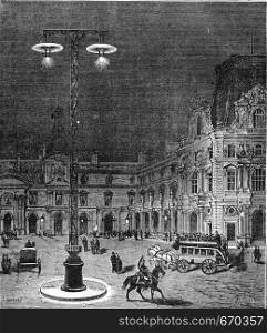 Lighting of the Place du Carrousel in Paris by electric light, vintage engraved illustration. Industrial encyclopedia E.-O. Lami - 1875.