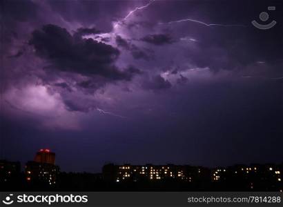 Lightning a thunderstorm, nightly cloudy sky, background