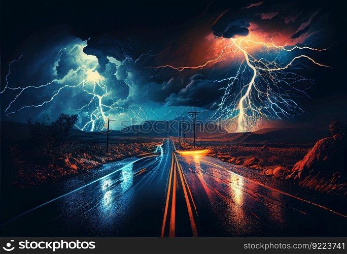 Lightning and thunderstorm on the road illustration. AI generative.
