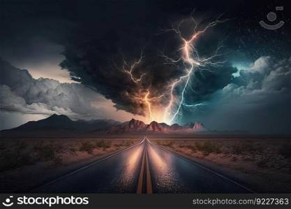 Lightning and thunderstorm on the road illustration. AI generative.
