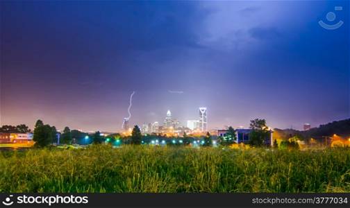 lightning and thunderstorm over city of charlotte