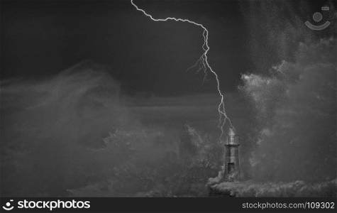 Lightning and wave over old lighthouse and pier of Viavelez in Asturias, Spain.
