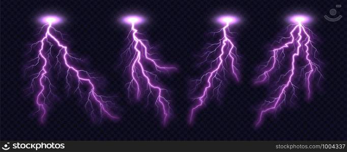 Lightning bolt collection isolated on transparent background. Realistic thunderbolt set. Lighting effect vector illustration.. Lightning bolt set isolated on transparent background.