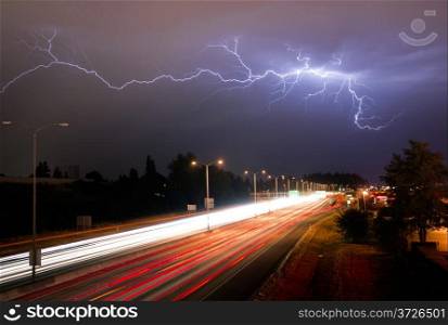 Lightning Bolts light up the sky late at night in Tacoma Washington