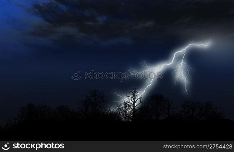 Lightning. Bright flash of a lightning above forest