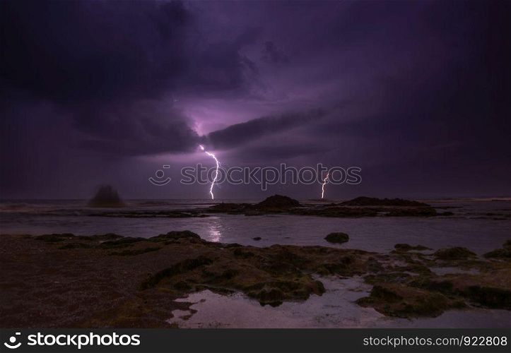 Lightning, heavy clouds and rain stormy weather